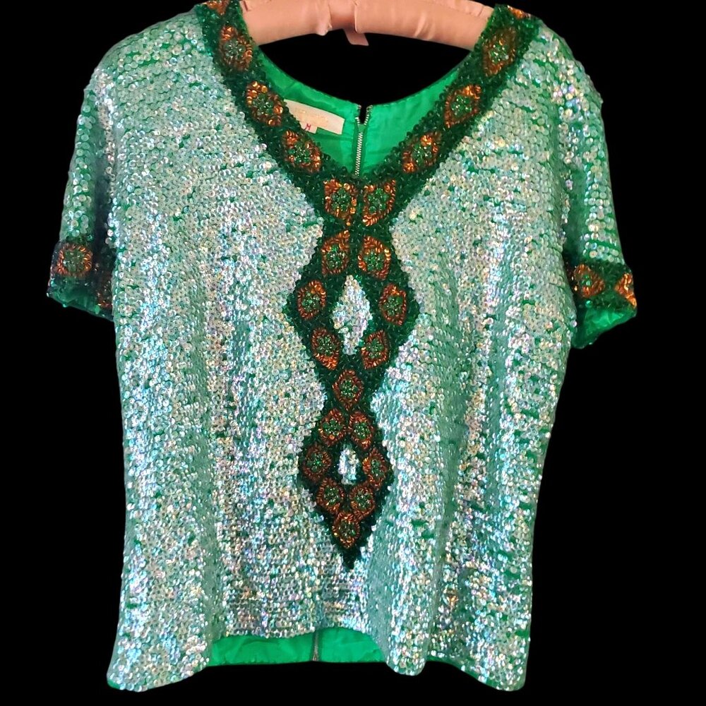 Vintage Sequin Beaded Green Skirt Set Size L 60s NWOT Cocktail Evening Wear - Picture 6 of 13